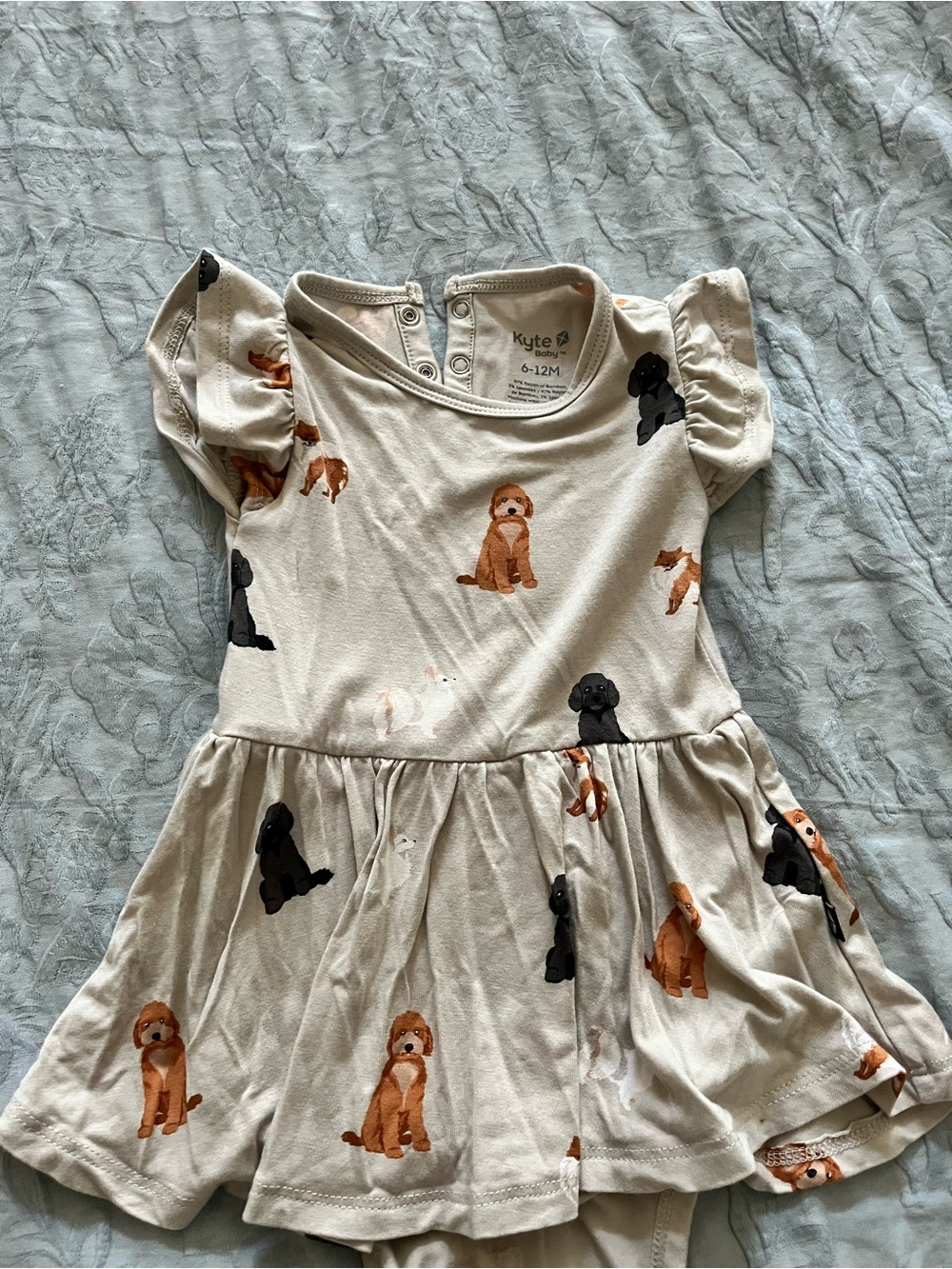 Kyte BABY Cream Puppy Print Ruffle Dress